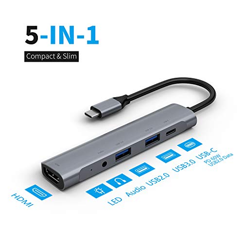 Ronsen 5-en-1 USB tipo C Hub 4K HDMI USB C Dock Suministro de energía 60W con USB 2.0, USB 3.0, conector combinado de audio/micrófono Carcasa de aluminio Adaptador USB C para dispositivos USB-C