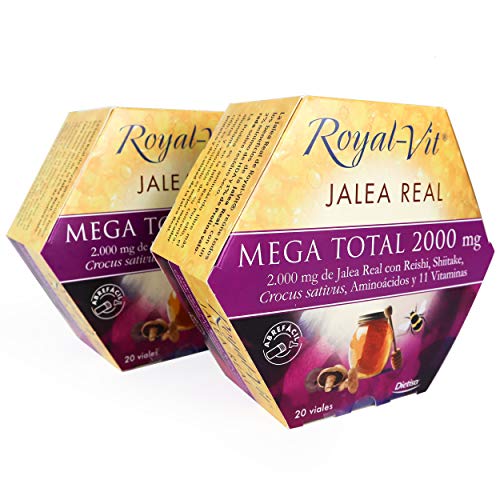 Royal-Vit - Jalea Real Mega Total de 2000 mg. Pack x 2 de 20 Viales de 10 ml de Dietisa - Contribuye a Disminuir la Fatiga y Reforzar el Sistema Inmunológico - Con Reishi, Aminoácidos y 11 Vitaminas