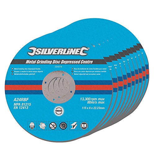 Silverline 224514 - Discos de desbaste de centro hundido para metal, 10 pzas (115 x 6 x 22,2 mm)