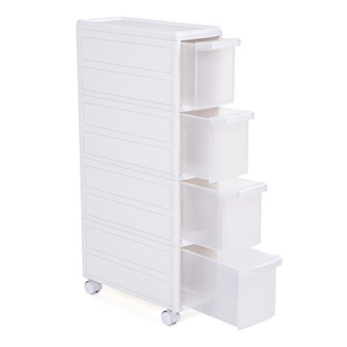 SONGMICS Carrito Estrecho con Ruedas, Estantería de Almacenamiento con Cajones, 4 Niveles Utilizables por Separado, Plástico PP, Blanco, 18 x 46 x 84,5 cm (Anchura x Profundiad x Altura) KFR05W SONGMICS Carrito Estrecho con Ruedas, Estantería de Almacenamiento con Cajones, 4 Niveles Utilizables por Separado, Plástico PP, Blanco, 18 x 46 x 84,5 cm (Anchura x Profundiad x Altura) KFR05W