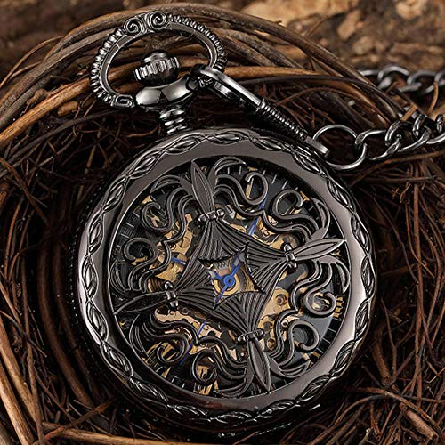 SUZHENA Reloj de Bolsillo Reloj de Bolsillo mecánico Antiguo Reloj de Bolsillo con Esfera Negra Hueca Cuerda Manual para Hombres Reloj de Cadena con Llavero, Reloj de Bolsillo Negro