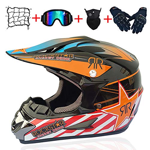 SVIVE Motocicleta de Motocross Casco Lleno Adulto Cara MTB Casco Conjunto con los Guantes Gafas máscara Casco Neto, Moto Casco Protector para el Descenso Off Road Quad Equipo de Protección,Naranja,L