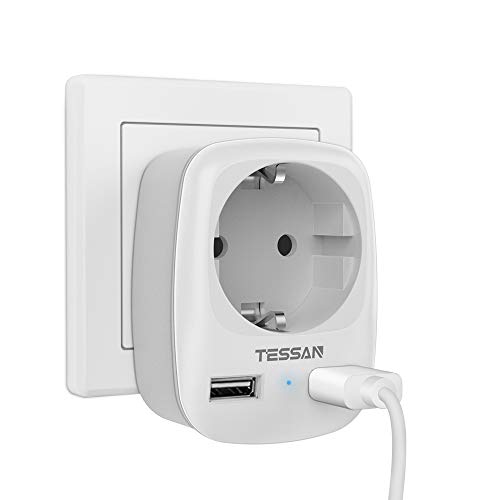 TESSAN Enchufe USB pared, Ladron Enchufes (4000W) con Doble USB y 1 Toma de CA Schuko, Cargador USB Multiple Pared Adaptador Enchufe USB España, Ladron con USB y Multiplicador Enchufe con USB-Blanco