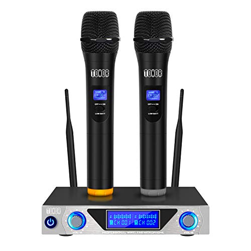 TONOR Sistema de Micrófono Inalámbrico de Mano VHF con Micrófonos Dinámicos de Mano doble y Pantalla LED para Karaoke Fiesta Clase Reunión,Negro