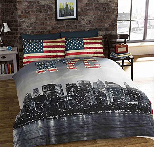 Urban GoCo Funda de Edredon Individual Reversible con Estampado de Nueva York y Bandera USA, con Funda de Almohada