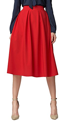 Urban GoCo Mujeres Vintage Falda Midi Plisada A-Line con Bolsillos Faldas Larga Rojo M
