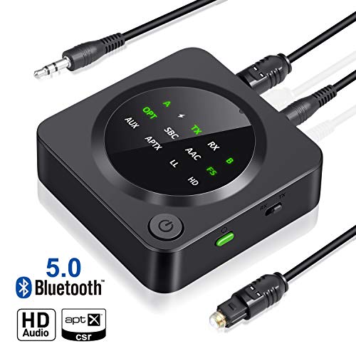 UZOPI Receptor Transmisor Bluetooth 5.0 2 en 1 | Adaptador Óptico de Audio 65 Pies de Largo Alcance Inalámbrico AaptX de Baja Latencia HD para TV PC Sistema de Estéreo para Automóvil para el Hogar