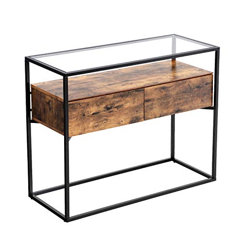 VASAGLE Mesa de Consola de Estilo Industrial, Mesa de Cristal Templado con 2 Cajones y Estante Rústico, para Sala de Estar, Marco de Hierro Estable LNT11BX