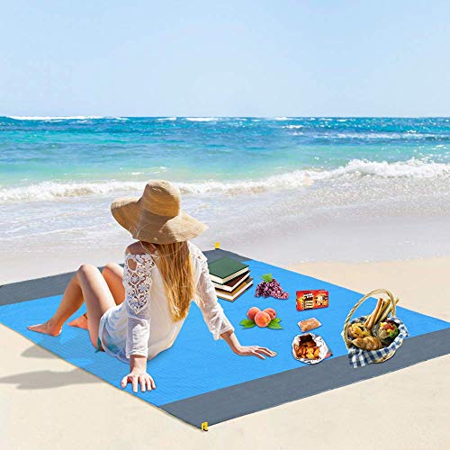 Vegena Alfombras de Playa, Manta de Picnic Impermeable 210 x 200cm Anti-Arena con 4 Estaca Fijo para la Playa, Picnic, Acampa y Otra Actividad al Aire Libre (Azul)