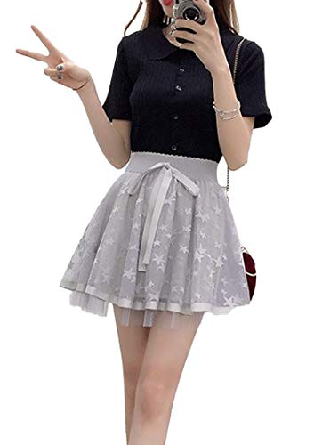 Verano Nuevo Encaje Femenino Gasa de Seda Cintura elástica Falda tutú Falda Corta-Estrella Gris-S Verano Nuevo Encaje Femenino Gasa de Seda Cintura elástica Falda tutú Falda Corta-Estrella Gris-S