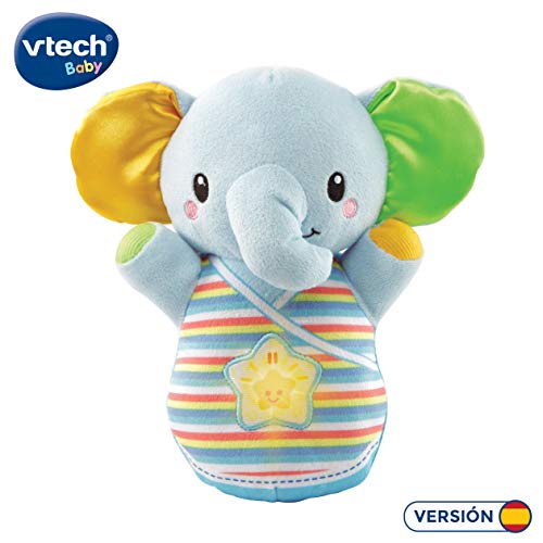 VTech-80-508622 Trompito, Elefante de Peluche para bebé, Musical, luz de Noche, con más de 45 Voces, Canciones y melodías, Color Azul, (3480-508322)