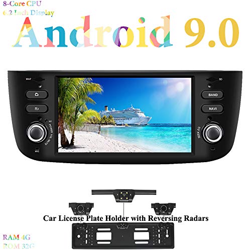 XISEDO Android 9.0 Autoradio 6.2 Pulgadas Car Radio 8-Core RAM 4G ROM 32G In Dash Radio de Coche Navegación para Fiat Linea/Fiat Grande Punto (con Placa de Matrícula con Radar de Estacionamiento)