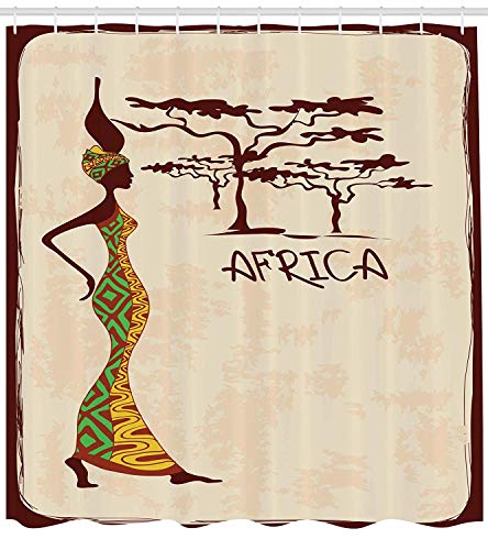 Yeuss Afro, Cortina de Ducha Decor Vintage Elegance Lady Carrying Pot Native Grace Sabana Exótico Hembra gráfica, Tejido Muebles de baño Set con Ganchos, Beige, Marrón, 152,4 x 182,9 cm Yeuss Afro, Cortina de Ducha Decor Vintage Elegance Lady Carrying Pot Native Grace Sabana Exótico Hembra gráfica, Tejido Muebles de baño Set con Ganchos, Beige, Marrón, 152,4 x 182,9 cm