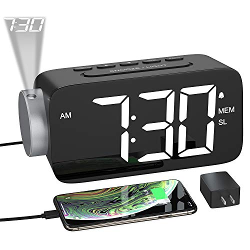 YISSVIC Despertador Digital con Proyector, Reloj Despertador Proyección con Rotación 180° con FM Radio, 15 Niveles Volumen, Pantalla LED 6,5’’, 12/24 Hora, Snooze, Cable USB y Adaptador