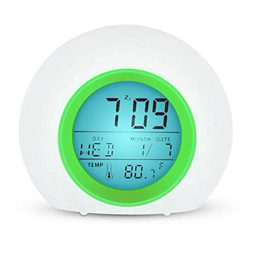 YUES Reloj Despertador Digital para niños con Calendario y termómetro, 7 Colores Cambio de luz con Control táctil Junto a la Cama (Verde)