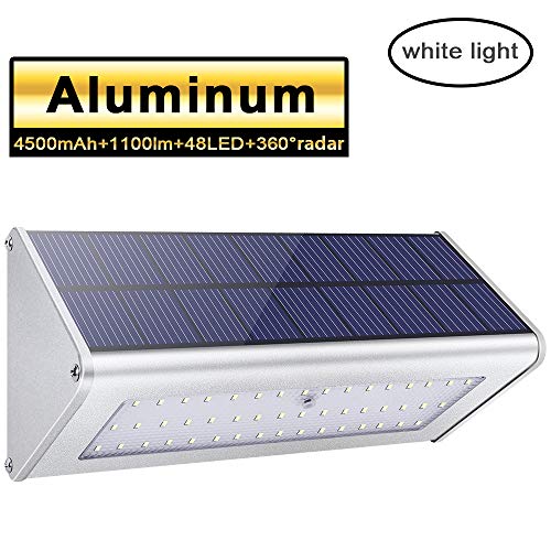 1100lm La luz solar 48 LED 4500mAh de una aleación de aluminio, impermeable al aire libre, radar de sensores de movimiento, aplicable en el porche, el jardín, el patio, el garaje - La luz blanca