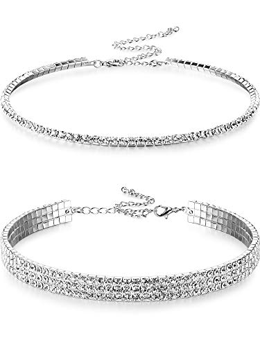 2 Piezas Collares Gargantillas de Diamante de Imitación Collar Gargantilla de Cristal de Mujeres de 1 y 3 Filas