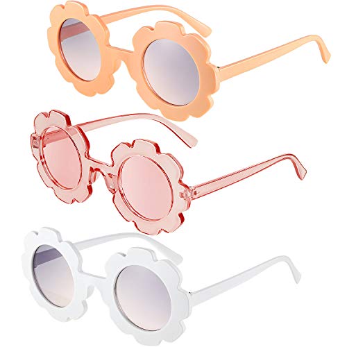 3 Piezas Gafas de Sol de Flor Redonda Gafas de Sol de Playa Linda al Aire Libre para Niños(Naranja Claro, Blanco, Rosa Transparente)