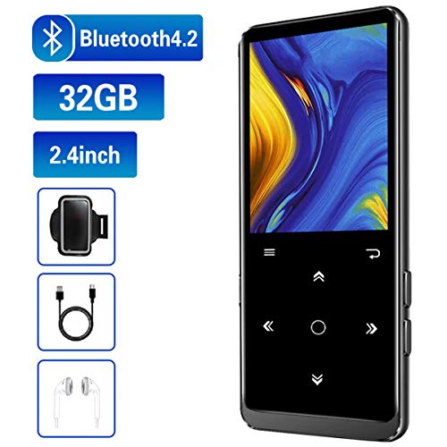 32GB Reproductor  MP3, con Bluetooth 4.2, con Radio FM, Grabación, Pantalla de 2.4", Sonido de Alta fidelidad, Soporte de hasta 128 GB de expansión(Auriculares y Brazalete Deportivo Incluido)