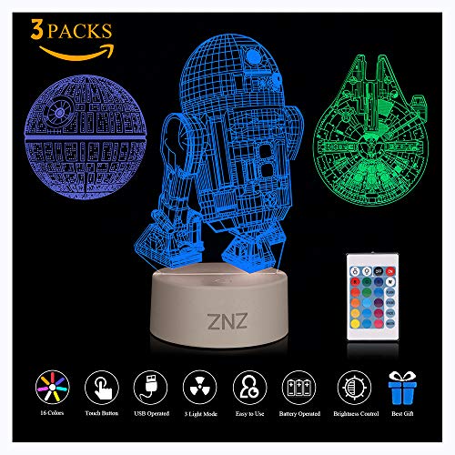 3D LED Star Wars Luz de noche, Lámpara de ilusión Death Star + R2-D2 + Millennium Falcon, Tres patrones y 16 colores Lámpara de decoración Cambio - Regalo perfectos para niño - 3 paquete 3D LED Star Wars Luz de noche, Lámpara de ilusión Death Star + R2-D2 + Millennium Falcon, Tres patrones y 16 colores Lámpara de decoración Cambio - Regalo perfectos para niño - 3 paquete