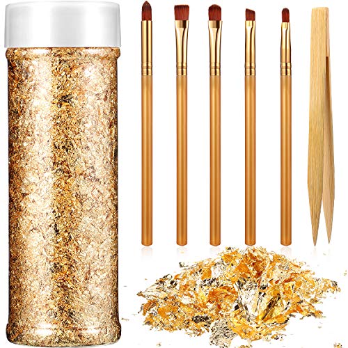 5 Gramos Hoja de Oro Copos Oro Metálica Lámina Dorada de Imitación con 5 Piezas Pinceles y Pinzas de Bambú Antiestáticas para Dorado, Pintura, Manualidades de Bricolaje y Decoración de Uñas 5 Gramos Hoja de Oro Copos Oro Metálica Lámina Dorada de Imitación con 5 Piezas Pinceles y Pinzas de Bambú Antiestáticas para Dorado, Pintura, Manualidades de Bricolaje y Decoración de Uñas