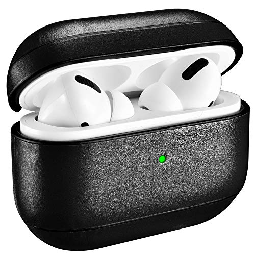 AirPods Pro Funda Case, ICARER Piel Genuina Cuero Luxury Vintage Series Portátil Ultra Delgado Protección Cover Funda Carcasa para Apple AirPods Pro AirPods 3 (LED Visible) [Carga inalámbrica]-Negro