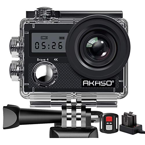 AKASO Cámara Deportiva WiFi 4K 20MP 5xZoom Cámara Acuática Sumergible de 30M con Control Remoto Ultra HD Estabilizador 2 Baterías Accesorios Multiples 2'' Pantalla LCD (Brave 4)