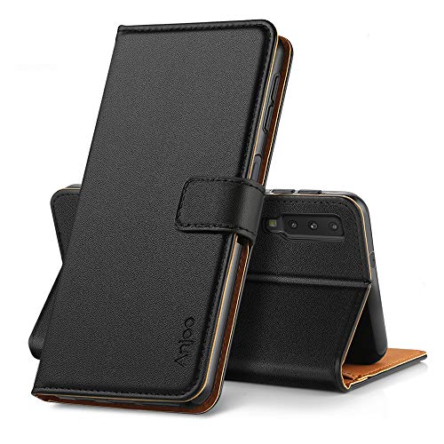 Anjoo Funda Compatible con Samsung Galaxy A7 2018,Carcasa Cuero Suave de la PU con Tapa Cubierta Protectora de la Caso Trasera Compatible con Samsung A7 2018 [Función de Soporte],Negro