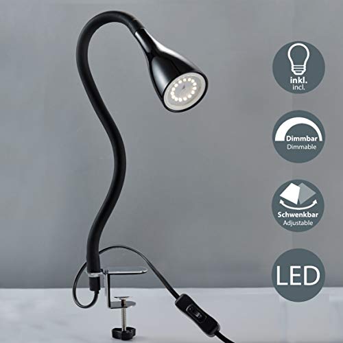 B.K.Licht - Flexo LED con pinza, para escritorio, luz de lectura con iluminación regulable de 3 niveles, 5 W, 230 V y 400 lúmenes, índice de protección IP20, color negro