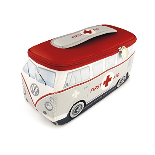 BRISA VW Collection - Volkswagen Furgoneta Hippie Bus T1 Van Bolsa Universal de Neopreno, Neceser, Bolso de Maquillaje-Cosméticos-Aseo, Estuche de lápices, Caja de Almuerzo, Equipaje (First Aid/Gris)