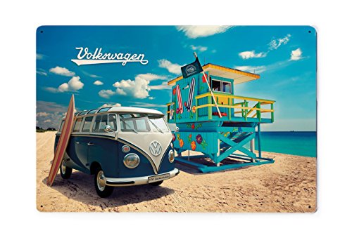 Brisa VW Collection - Volkswagen Furgoneta Hippie Bus T1 Van Placa Metálica, Cartel de Metal para Pared, Chapa Decorativa Vintage, Póster para Hogar/Taller/Regalo/Souvenir (Beach Life/Azul)