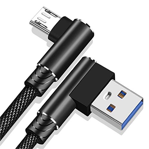 Cable Micro USB 3 Metros 90 Grados Nylon Trenzado Carga rapida y sincronización Datos Cable USB a Micro USB (Negro)