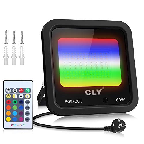 CLY RGB Foco LED de 60 W con cambio de color con mando a distancia, 3200 lm, RGB, multicolor, regulable, para interior y exterior, 4 modos, 19 colores, IP66, resistente al agua