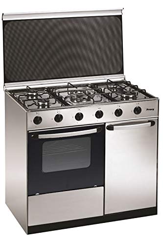 Cocina portabombona 90 cm de ancho con horno PROXY, color inox, 5 fuegos (incluye 1 Triple Fuego) y horno con grill a gas (butano o natural).