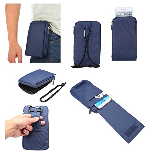 DFV mobile - Multi-Functional Universal Vertical Stripes Pouch Bag Case Zipper Closing Carabiner for HTC Hero - Blue XXM (18 x 10 cm)