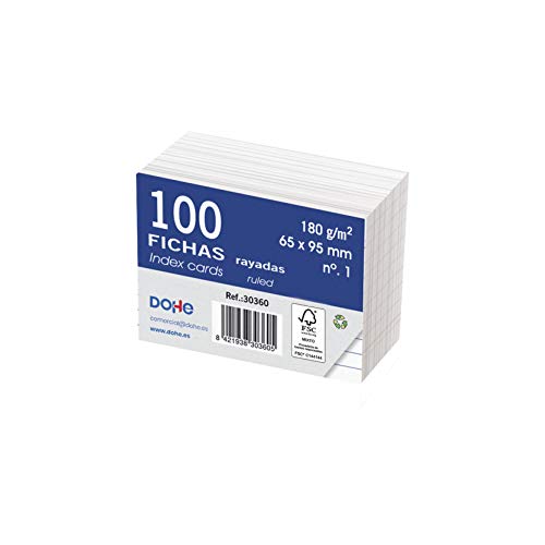 Dohe 30360 - Pack de 100 fichas rayadas de cartulina blanca, 180 g, nº 1, 65 x 95 mm