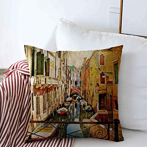EU Throw Pillows Cover 18 x 18 Inches Oil Amazing Venice Transport Painting Gondola Famous Architecture Italian Paint Old Vintage Italy Cushion Case Cotton Linen for Fall Home Decor
