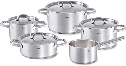 Fissler family line / Juego de ollas de acero inoxidable, compuesto por 5 piezas (3 ollas de cocción, 1 rustidera, 1 cazo) con tapaderas, lavable en el lavavajillas y apto para inducción Fissler family line / Juego de ollas de acero inoxidable, compuesto por 5 piezas (3 ollas de cocción, 1 rustidera, 1 cazo) con tapaderas, lavable en el lavavajillas y apto para inducción