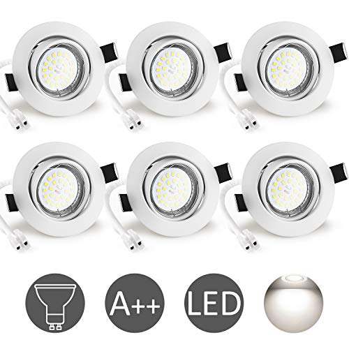 Foco Empotrable GU10 Blanco, Wowatt 6x Luz de Techo Interior GU10 LED Blanco Frio 6000K 6W Equivalente Halogeno 50W Incluye 220V Bombilla GU10 600LM 83Ra Ojos de Buey Marco Redondo Ángulo Rotable 40°