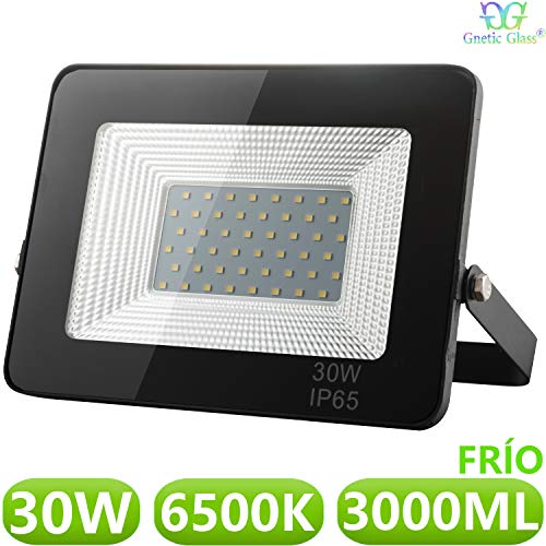 Foco LED exterior Floodlight 30W GNETIC GLASS Proyector Negro Impermeable IP65 3000LM Color Luz Blanco Frío 6500K Angulo 120º 145x200 mm 30000h Equivalente a 270W [Eficiencia energética A++] Pack x1