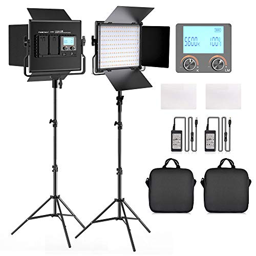 FOSITAN 2 Pack Bi-Color LED Luz de Vídeo 3200K-5600K Panel de luz y Kit de Soporte en U y Barndoor para Cámara Foto Estudio Video Filmación