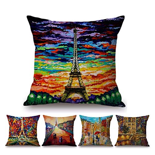 Funda de Almohada Juego de 5 Piezas Colorido Torre Eiffel Pintura al óleo Francia París Hotel Salón Decoración del hogar Sofá Algodón Lino Lino Funda de Almohada 45X45Cm