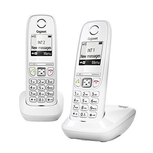 Gigaset AS405 Duo - Teléfono Inalámbrico, Pack de 2 Unidades, Manos Libres, 100 Contactos, Pantalla gráfica iluminada 1.8", Letra tamaño grande, Color Blanco