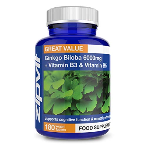Ginkgo Biloba 6000mg Extracto estandarizado de hojas, 180 Tabletas Veganas con Vitamina B3 y B5. Aprobado por la Sociedad Vegetariana. Fabricado en el Reino Unido. Suministro por 6 meses.