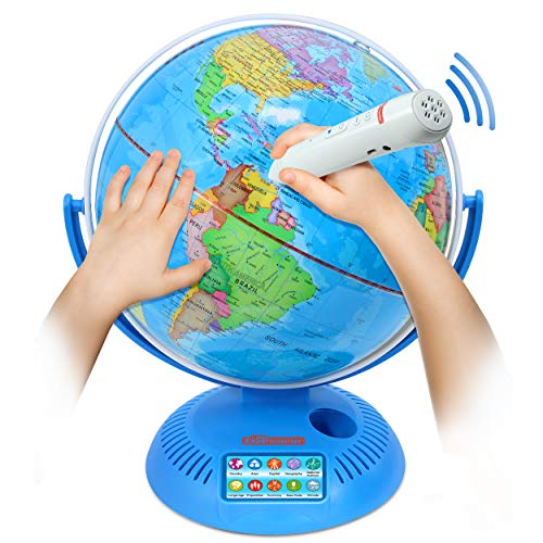 Globo terráqueo interactivo con soporte y bolígrafo inteligente | Mapa geográfico colorido para enseñanza y aprendizaje temprano | Juego activo, grabaciones de voz, preguntas de Trivia, 9 pulgadas