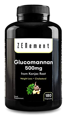 Glucomanano 500 mg, 180 Cápsulas | Fibra vegetal de la raíz de konjac | 100% Natural, Vegano, No-GMO, libre de aditivos, sin gluten | de Zenement