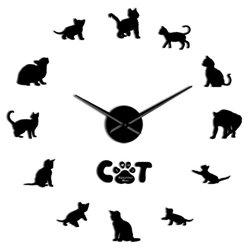 HIDFQY Gracioso Gato Egipcio Sphynx gráficos 3D DIY Reloj de Pared Gatito Raza Animal Espejo acrílico Reloj Tienda de Mascotas decoración de la Pared 27 Pulgadas Negro