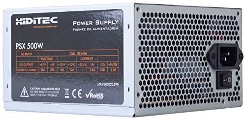 Hiditec PSX - Fuente de alimentación (500 W, 115-230 V, 50-60 Hz, ATX, 2 conectores SATA, 2 conectores MOLEX, Ventilador silencioso de 120mm) plateado