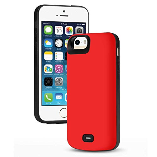 HQXHB Funda Batería para iPhone 5S/5/SE/SE2,4000mAh Funda Cargador Portatil Batería Externa Ultra Carcasa Batería Recargable Power Bank Case para Apple iPhone- Rojo