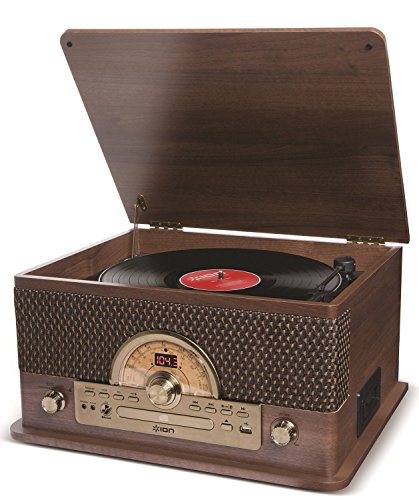 ION Audio Superior LP - Centro de Entretenimiento 7-en-1 con de Estilo Vintage con Altavoces Estéreo, Tocadiscos, Reproducción de Discos, CD, Cassettes y AM/FM Radio